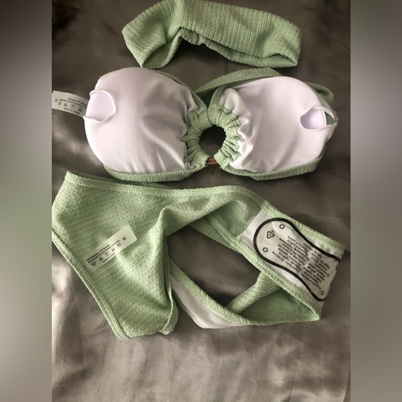 Mint Green 3 Piece Bikini Set with Bandeau Top ,High-cut Bottoms & Headband New - Picture 6 of 8